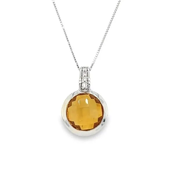 14K White Gold Bezel Set Round Checkerboard Cushion Citrine Pendant Round Diamonds Jo & Co. Jewelers Hardy, VA