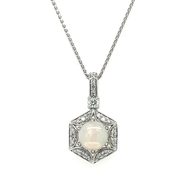 14K White Gold Round Cabochon Opal Hexagon Pendant with Round Diamond Halo Jo & Co. Jewelers Hardy, VA