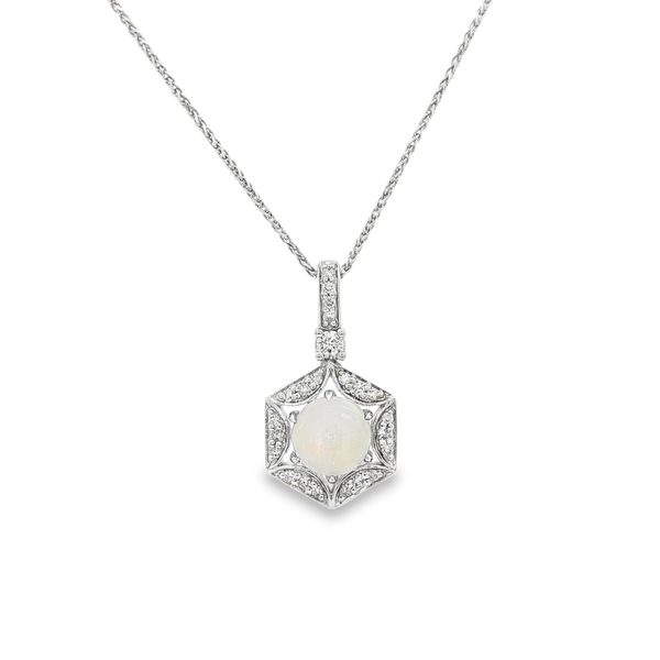 14K White Gold Cabochon Opal Hexagon Pendant with .14ctw Diamond Halo Jo & Co. Jewelers Hardy, VA