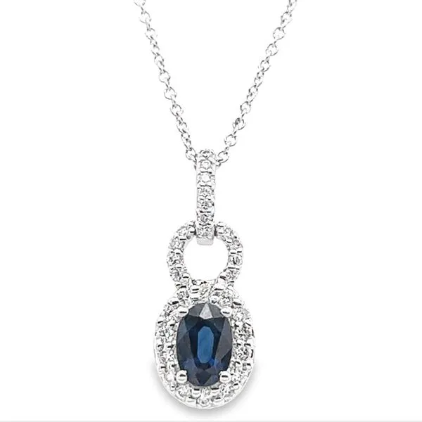 14K White Gold Oval Sapphire and Diamond Looped Halo Drop Pendant Jo & Co. Jewelers Hardy, VA