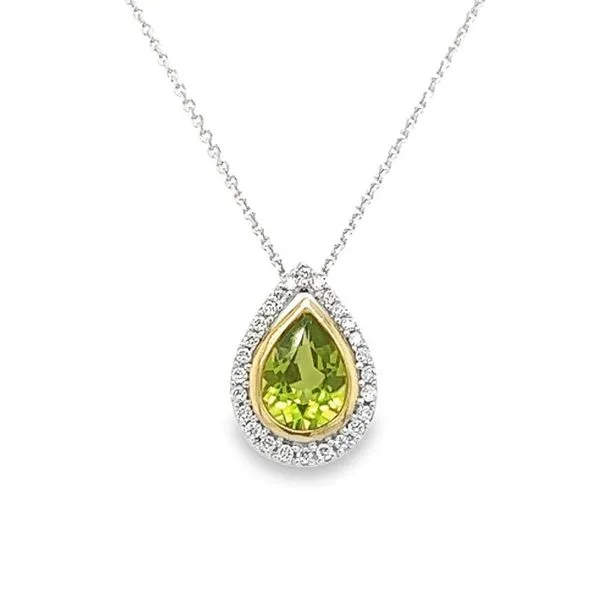 14K White and Yellow Gold Pear Shaped Peridot Pendant with Round Diamond Halo Jo & Co. Jewelers Hardy, VA