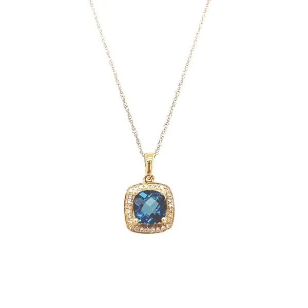 10K Yellow Gold Checkerboard Square Cushion London Blue Topaz Pendant with Round Diamonds Jo & Co. Jewelers Hardy, VA