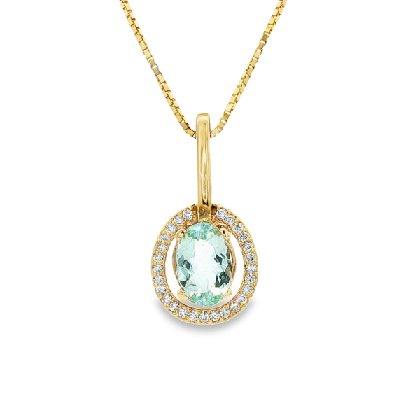 14K Yellow Gold Aquamarine & Diamond Halo Pendant Necklace Jo & Co. Jewelers Hardy, VA