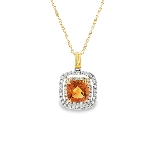 14K Yellow & White Gold Cushion Citrine Pendant with Round Diamond Double Halo Jo & Co. Jewelers Hardy, VA