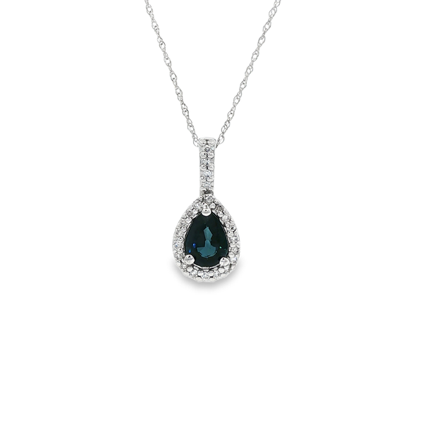 14K White Gold Pear-Shaped Sapphire & 0.20 CTW Diamond Halo Pendant Necklace Jo & Co. Jewelers Hardy, VA