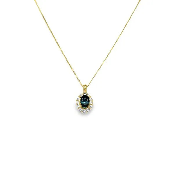 14K Yellow Gold Oval Montana Sapphire and Round Diamond Halo Pendant Jo & Co. Jewelers Hardy, VA