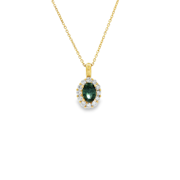 14K Yellow Gold Oval Montana Sapphire & Diamond Halo Pendant Necklace Jo & Co. Jewelers Hardy, VA