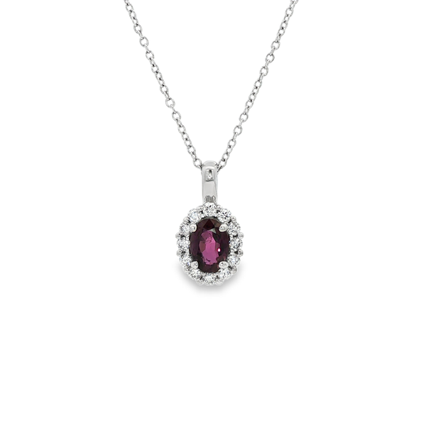 14K White Gold Oval Ruby & Diamond 1/5 CTW Halo Pendant Necklace Jo & Co. Jewelers Hardy, VA