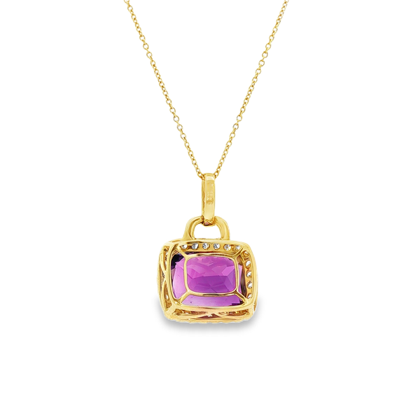 14K Yellow Gold Cushion Amethyst Diamond Halo Pendant Necklace Image 3 Jo & Co. Jewelers Hardy, VA