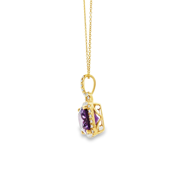 14K Yellow Gold Cushion Amethyst Diamond Halo Pendant Necklace Image 4 Jo & Co. Jewelers Hardy, VA