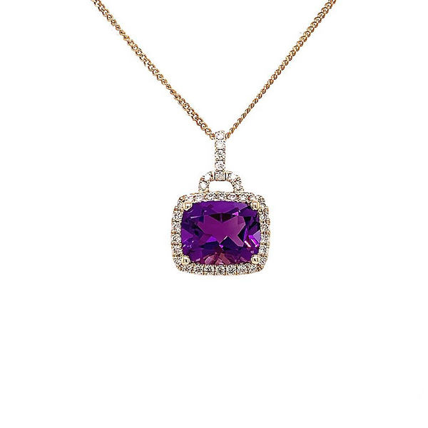 14K Yellow Gold Rectangular Cushion Amethyst and Round Diamond Halo Pendant Jo & Co. Jewelers Hardy, VA