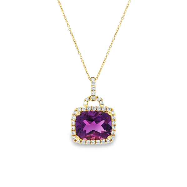 14K Yellow Gold Cushion Amethyst Diamond Halo Pendant Necklace Jo & Co. Jewelers Hardy, VA