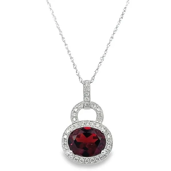 14K White Gold Oval Garnet and Round Diamond Halo Pendant Jo & Co. Jewelers Hardy, VA