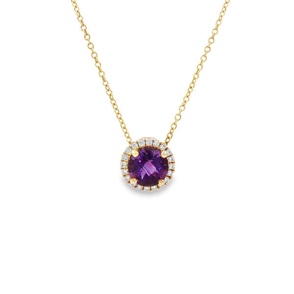 14K Yellow Gold Round Amethyst Diamond Halo Pendant Necklace Jo & Co. Jewelers Hardy, VA
