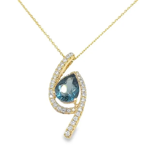 14K Yellow Gold Pear Shaped London Blue Topaz and Round Diamond Bypass Pendant Jo & Co. Jewelers Hardy, VA