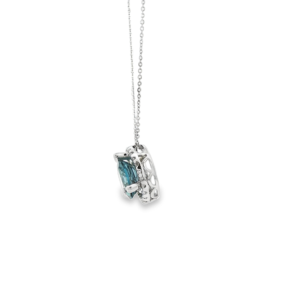 14K White Gold Round London Blue Topaz Diamond Halo Pendant Necklace Image 4 Jo & Co. Jewelers Hardy, VA