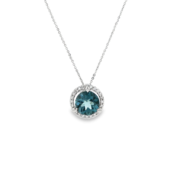 14K White Gold Round London Blue Topaz Diamond Halo Pendant Necklace Jo & Co. Jewelers Hardy, VA