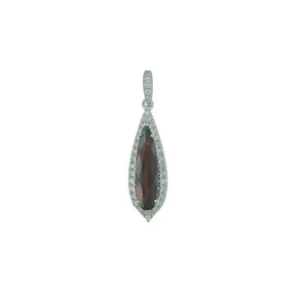 14K White Gold Long Pear Shaped Garnet and Round Diamond Halo Drop Pendant Jo & Co. Jewelers Hardy, VA