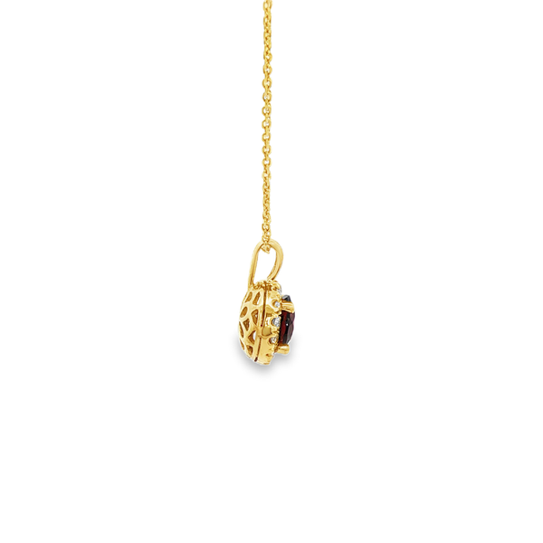 14K Yellow Gold Round Garnet & Diamond Halo Pendant Image 2 Jo & Co. Jewelers Hardy, VA