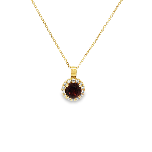 14K Yellow Gold Round Garnet & Diamond Halo Pendant Jo & Co. Jewelers Hardy, VA