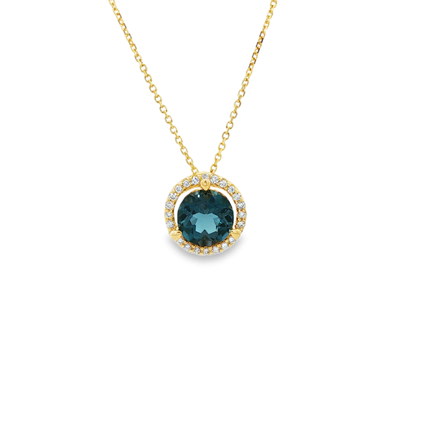 14K Yellow Gold London Blue Topaz & Diamond Halo Pendant Necklace Jo & Co. Jewelers Hardy, VA