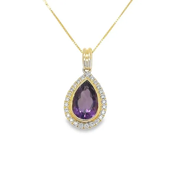 14K Yellow Gold Pear Shaped Amethyst and Round Diamond Halo Pendant Jo & Co. Jewelers Hardy, VA