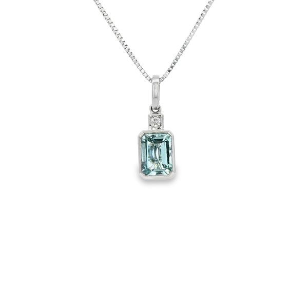 14K White Gold Bezel-Set Emerald-Cut Aquamarine & Diamond Pendant Necklace Jo & Co. Jewelers Hardy, VA