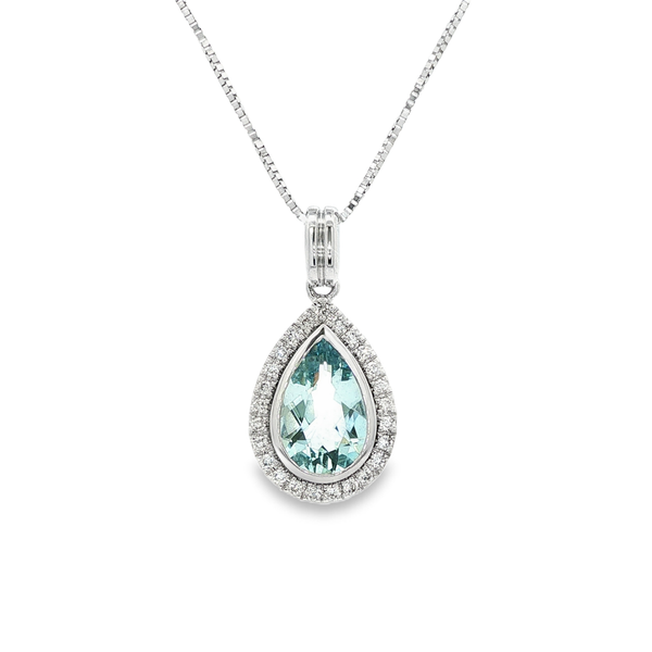 14K White Gold Pear-Shaped Aquamarine & Diamond Halo Pendant Necklace Jo & Co. Jewelers Hardy, VA