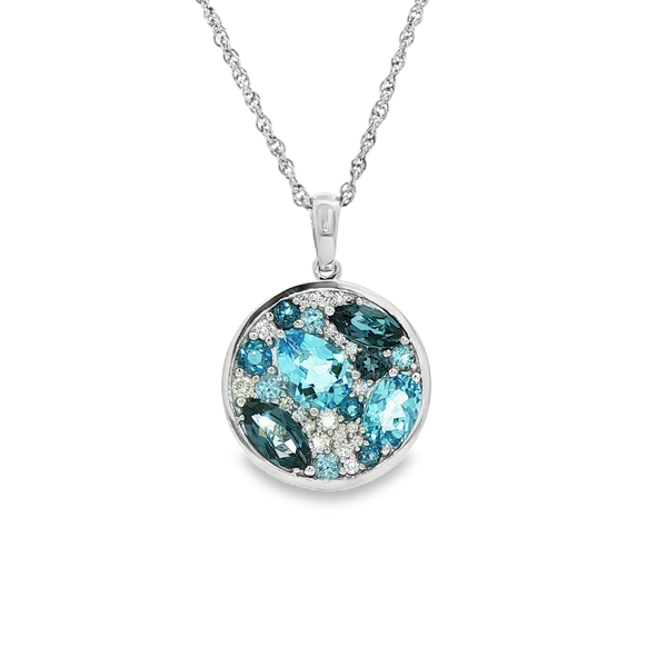 14K White Gold London & Swiss Blue Topaz Diamond Cluster Pendant Necklace Jo & Co. Jewelers Hardy, VA