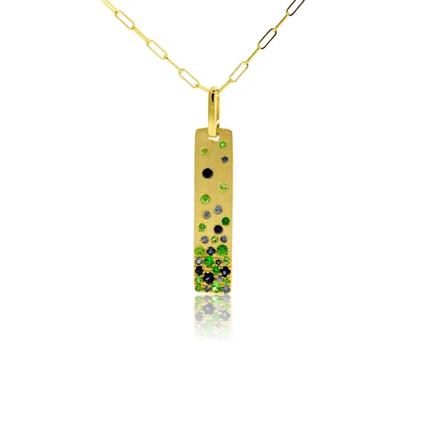 14K Yellow Gold Sapphire and Tsavorite Garnet Satin Tag Pendant Jo & Co. Jewelers Hardy, VA