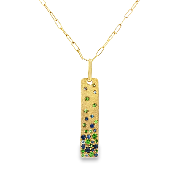 14K Yellow Gold Sapphire & Tsavorite Garnet Satin Tag Pendant Necklace Jo & Co. Jewelers Hardy, VA