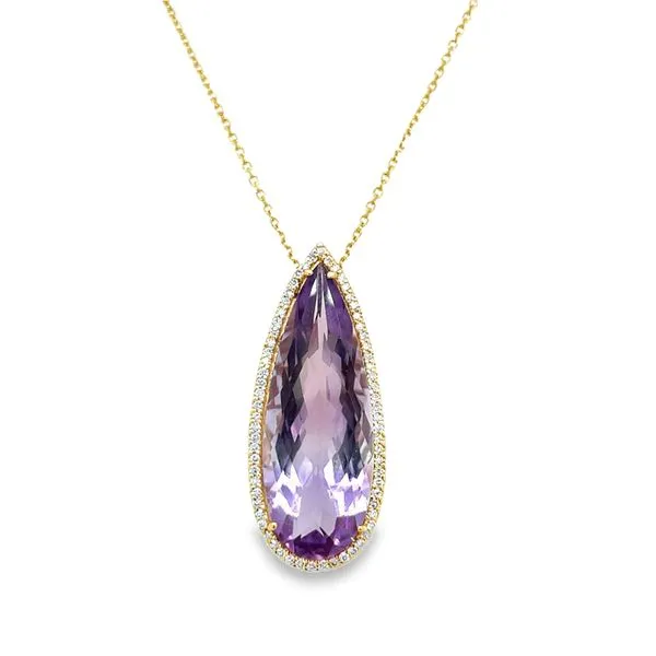 14K Yellow Gold Checkerboard Pear Amethyst Round Diamond Halo Pendant Jo & Co. Jewelers Hardy, VA