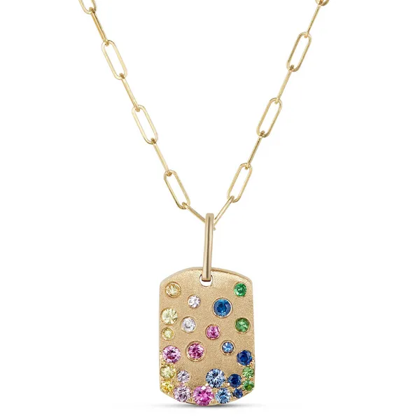 14K Yellow Gold Rainbow Sapphire and Tsavorite Garnet Confetti Style Satin Dog Tag Pendant Jo & Co. Jewelers Hardy, VA