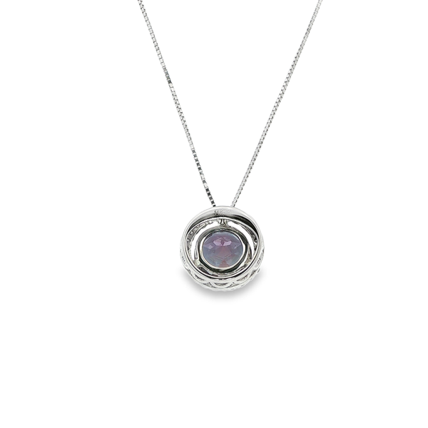 14K White Gold Round Created Alexandrite & Diamond Halo Pendant Necklace Image 3 Jo & Co. Jewelers Hardy, VA