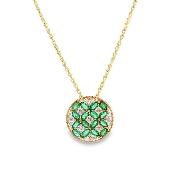 14K Yellow Gold Marquise Emerald & Diamond Clover Cluster Circle Pendant Necklace Jo & Co. Jewelers Hardy, VA