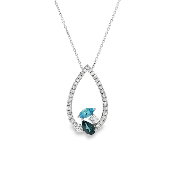 14K White Gold London & Swiss Blue Topaz Diamond Open Teardrop Pendant Necklace Jo & Co. Jewelers Hardy, VA