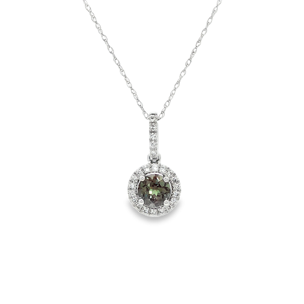 14K White Gold Created Alexandrite & Diamond Halo Pendant Necklace Jo & Co. Jewelers Hardy, VA