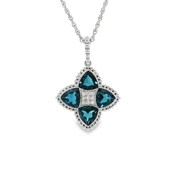 14K White Gold Trillion London Blue Topaz & Diamond Flower Pendant Necklace Jo & Co. Jewelers Hardy, VA