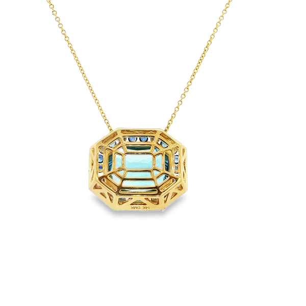 14K Yellow Gold Blue Topaz, Sapphire & Diamond Double Halo Octagon Pendant Necklace Image 3 Jo & Co. Jewelers Hardy, VA