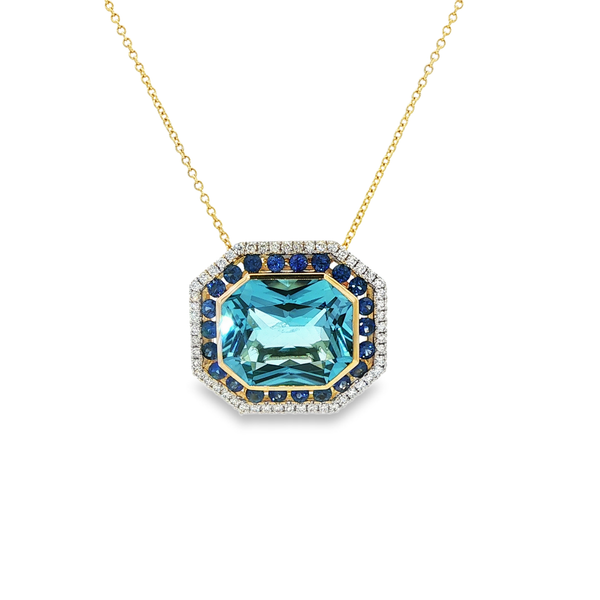 14K Yellow Gold Blue Topaz, Sapphire & Diamond Double Halo Octagon Pendant Necklace Jo & Co. Jewelers Hardy, VA