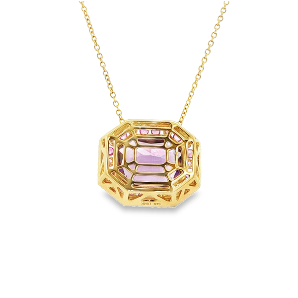 14K Yellow Gold Radiant Amethyst, Pink Sapphire & Diamond Double Halo Octagon Pendant Necklace Image 3 Jo & Co. Jewelers Hardy, VA