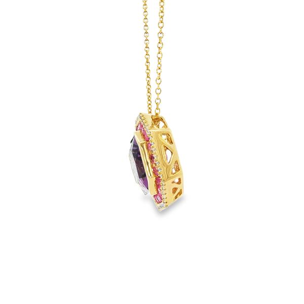 14K Yellow Gold Radiant Amethyst, Pink Sapphire & Diamond Double Halo Octagon Pendant Necklace Image 4 Jo & Co. Jewelers Hardy, VA