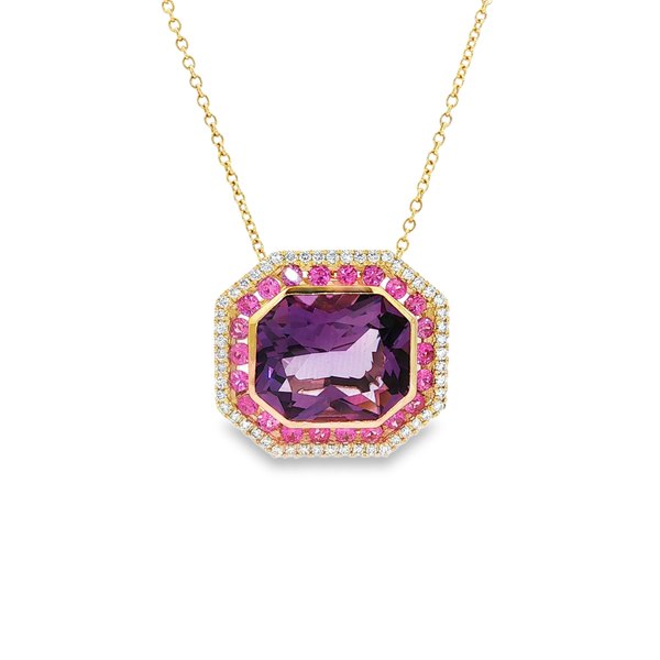 14K Yellow Gold Radiant Amethyst, Pink Sapphire & Diamond Double Halo Octagon Pendant Necklace Jo & Co. Jewelers Hardy, VA