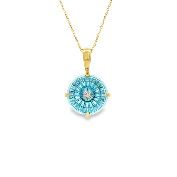 14K Yellow & White Gold Glenn Lehrer Blue Topaz Diamond Circle Pendant Necklace Jo & Co. Jewelers Hardy, VA