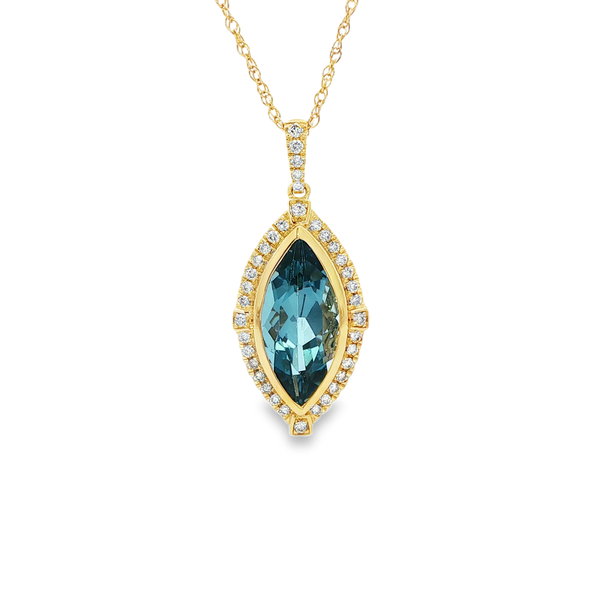 14K Yellow Gold Marquise London Blue Topaz & Diamond Halo Pendant Necklace Jo & Co. Jewelers Hardy, VA