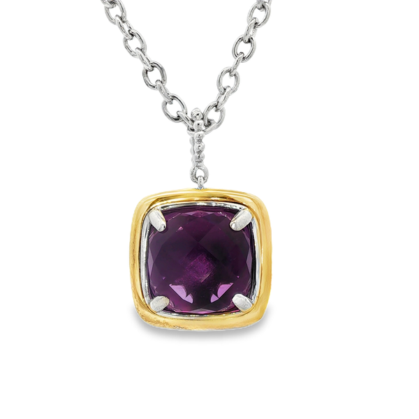 Gabriel Sterling Silver & 14K Yellow Gold Cushion Amethyst Bujukan Pendant Necklace Jo & Co. Jewelers Hardy, VA