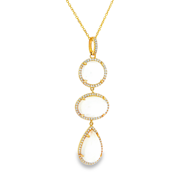 18K Yellow Gold Moonstone & Diamond .50tw Halo Triple Drop Pendant Necklace Image 2 Jo & Co. Jewelers Hardy, VA