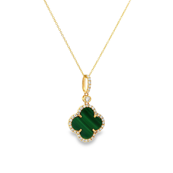 14K Yellow Gold Malachite Inlay & .26 TW Diamond Clover Halo Pendant Necklace Image 2 Jo & Co. Jewelers Hardy, VA