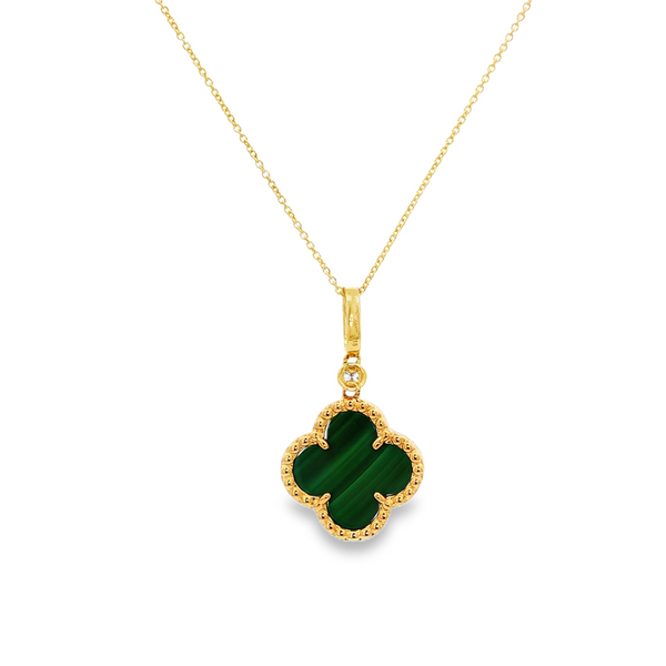 14K Yellow Gold Malachite Inlay & .26 TW Diamond Clover Halo Pendant Necklace Image 3 Jo & Co. Jewelers Hardy, VA