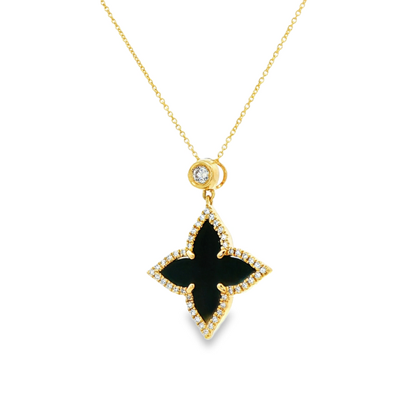 14K Yellow Gold Onyx Inlay & .18 TW Diamond Halo Flower Pendant Necklace Image 4 Jo & Co. Jewelers Hardy, VA